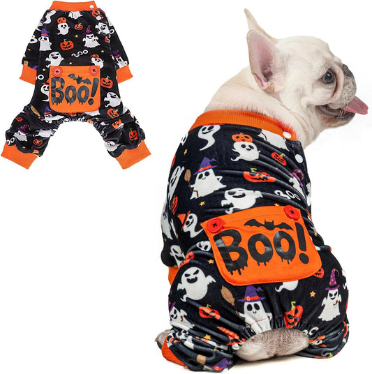 BEAUTYZOO Dog Halloween Pajamas Large Sized Dog, Fleece Funny Ghost Pumpkin Costumes for Dogs, Soft Stretchable Doggy Onesie with Feet, Pet Apparel Clothes for Large Dogs Boy Girl, Black L