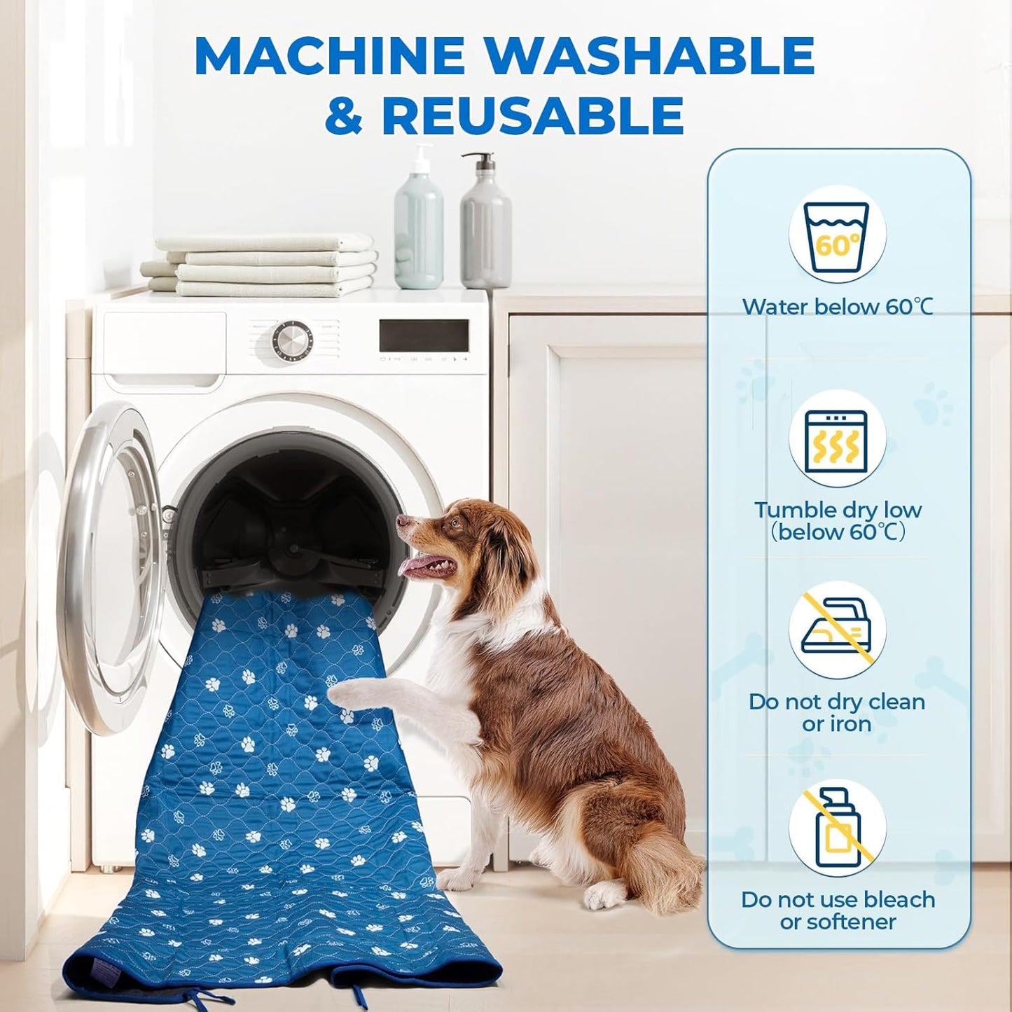 Fostanfly Washable Pee Pads for Dogs, 2 Pack Large 54"x54" Ultra-Absorbent and Leak-Proof Non-Slip Reusable Potty Training Pads for Dogs, Puppy & Cats of Add 8 Lanyards-Blue