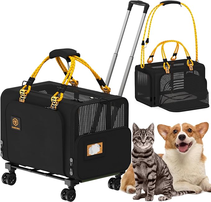 PAWZIDEA Expandable Pet Carrier with Wheels, 24"x16"x16" Large Cat Carrier for 2 Cats, Soft-Sided Dog Travel Crate for Small Medium Dog, Collapsible Rolling Travel Bag w/Telescopic Handle, Chew-Proof