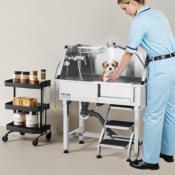 VEVOR Stainless Steel Dog Washing Station, 34 inch Pet Grooming Tub w/Storage Stairs, Faucet & Showerhead & Soap Holder Dog Bathtub, Pet Wash Station for Small Pets (Right Door)