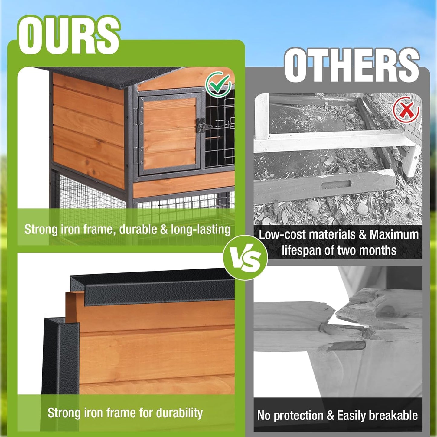 GUTINNEEN 2-Story Rabbit Hutch with Chew-Proof Full Metal Frame for Indoor/Outdoor - 62" Bunny Cage with 6 Locking Casters & 2 Pull-Out Trays for Rabbits, Guinea Pigs, Small Pets (Brown)