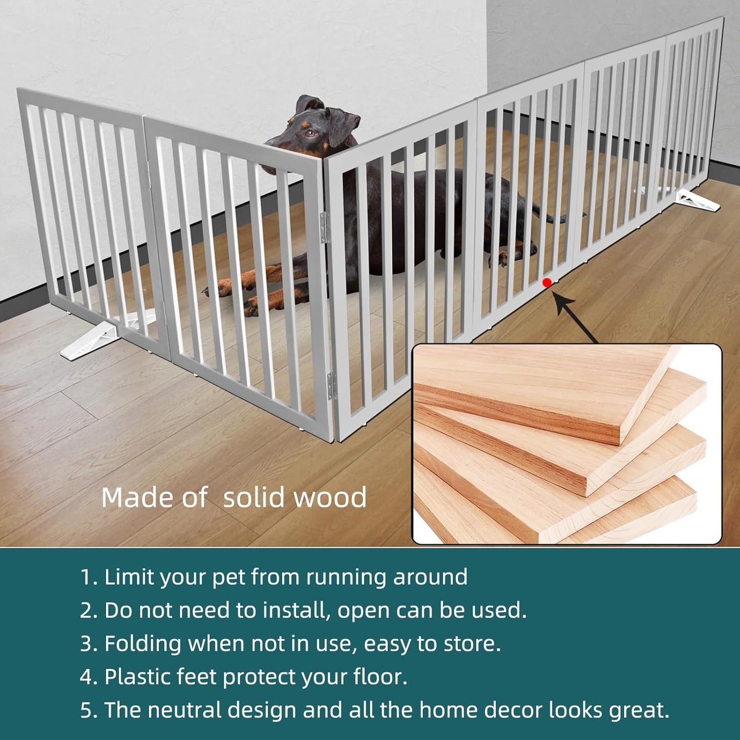 ZJSF Freestanding Indoor Dog Gate for House Foldable Wood Puppy Gate for Doorways Pet Gate for Stairs Extra Wide Pet Fence, Grey, 32" Height 6 Panels