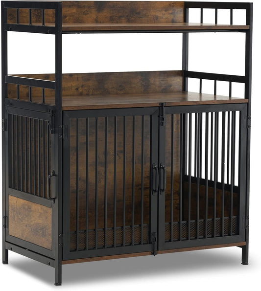 MCombo Furniture Style Dog Crate with Storage Shelves, Heavy Duty Wooden Dog Cage End Table, Triple Doors Pet House Indoor, 1368 (Brown)