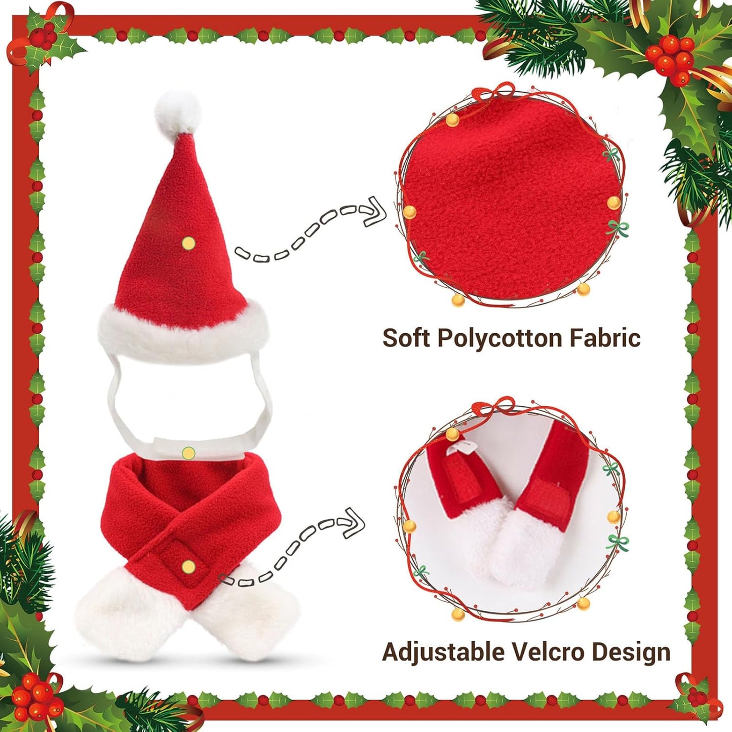 Enjoying Cat Christmas Costume, Santa Hat with Red Scarf for Cats Small Dogs, Rabbit Xmas Outfit, Pet Santa Claus Hat Scarf for Cold Day Head and Neck Warm, New Year Party Cosplay