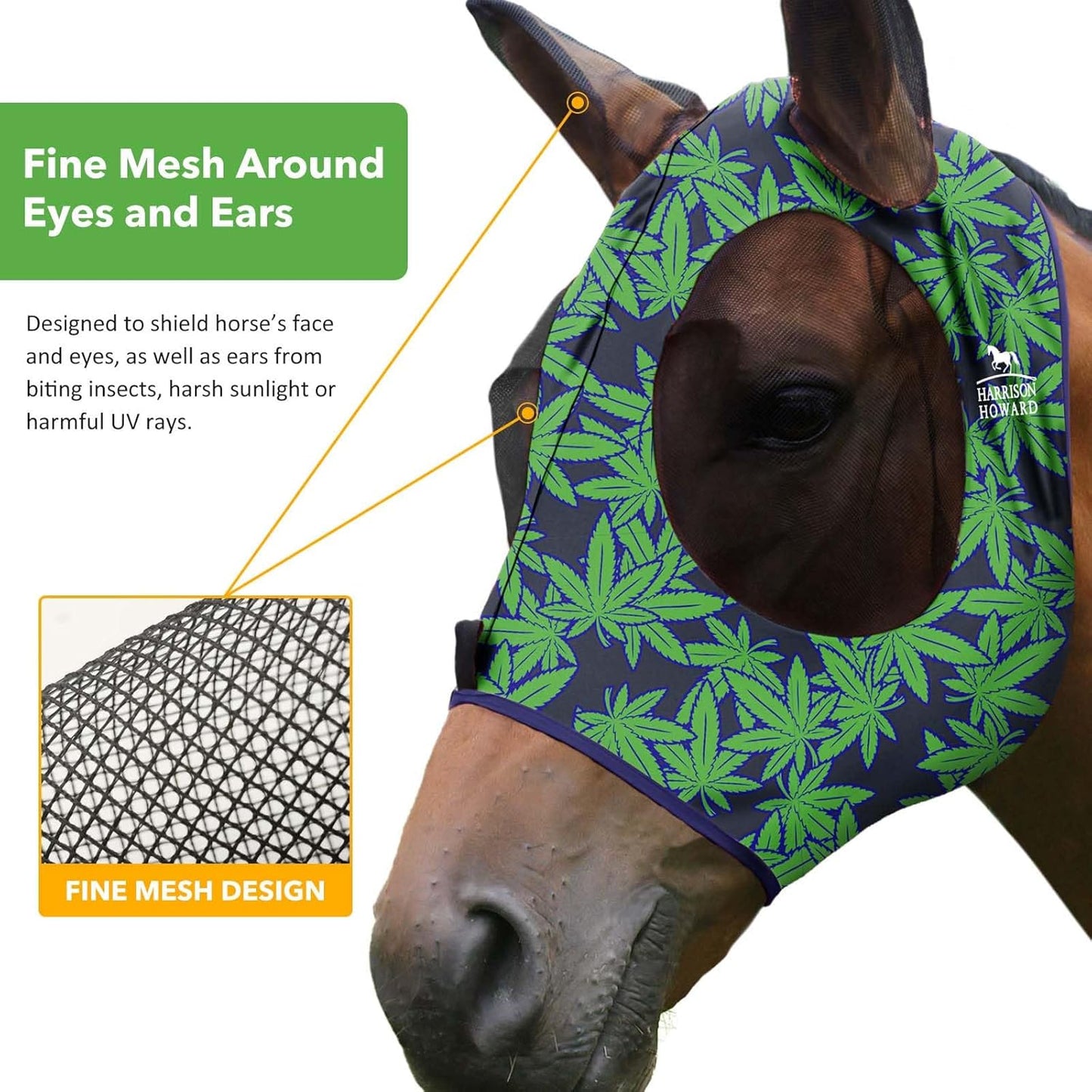 Harrison Howard Super Comfort Stretchy Fly Mask Large Eye Space with UV Protection Soft on Skin with Breathability Live Leaf S