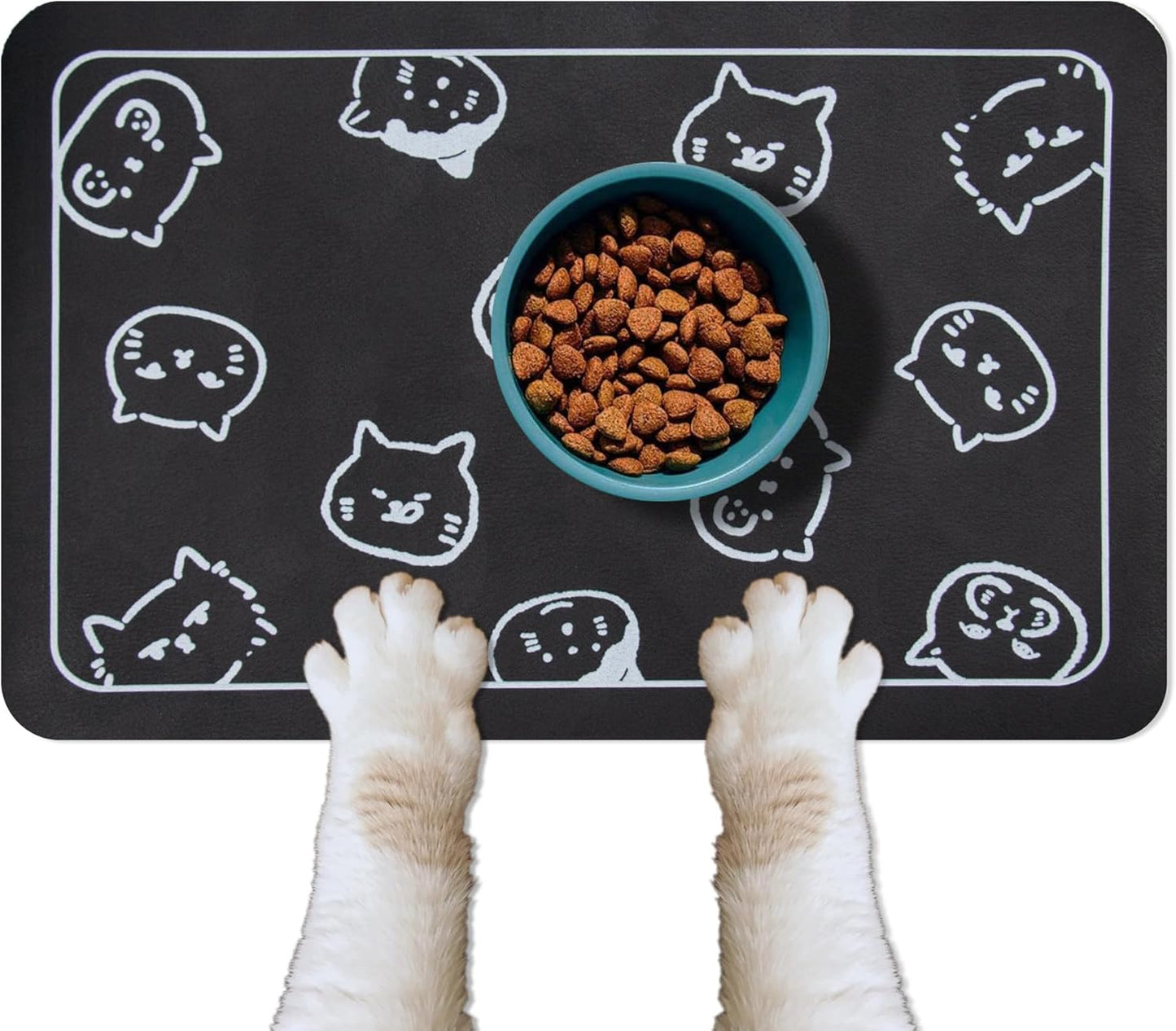 YCT Cat Food Mat for Pet Dogs - Non-Slip Super Absorbent, with Multiple Cat Heads Logo, 18.1 x 11.8 Inches, Black