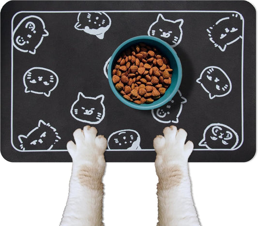 YCT Cat Food Mat for Pet Dogs - Non-Slip Super Absorbent, with Multiple Cat Heads Logo, 18.1 x 11.8 Inches, Black