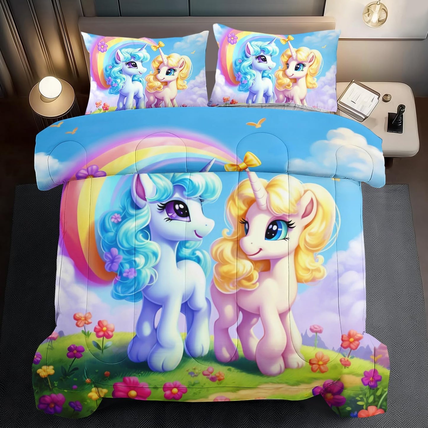 Unicorn Comforter Set King,Kawaii Unicorn Bedding Set King Kids,Rainbow Comforter Blue Bedroom Decor,Cute Animal Bedding Rainbow Bed Decor for Girls,Cartoon Blue Floral Quilt
