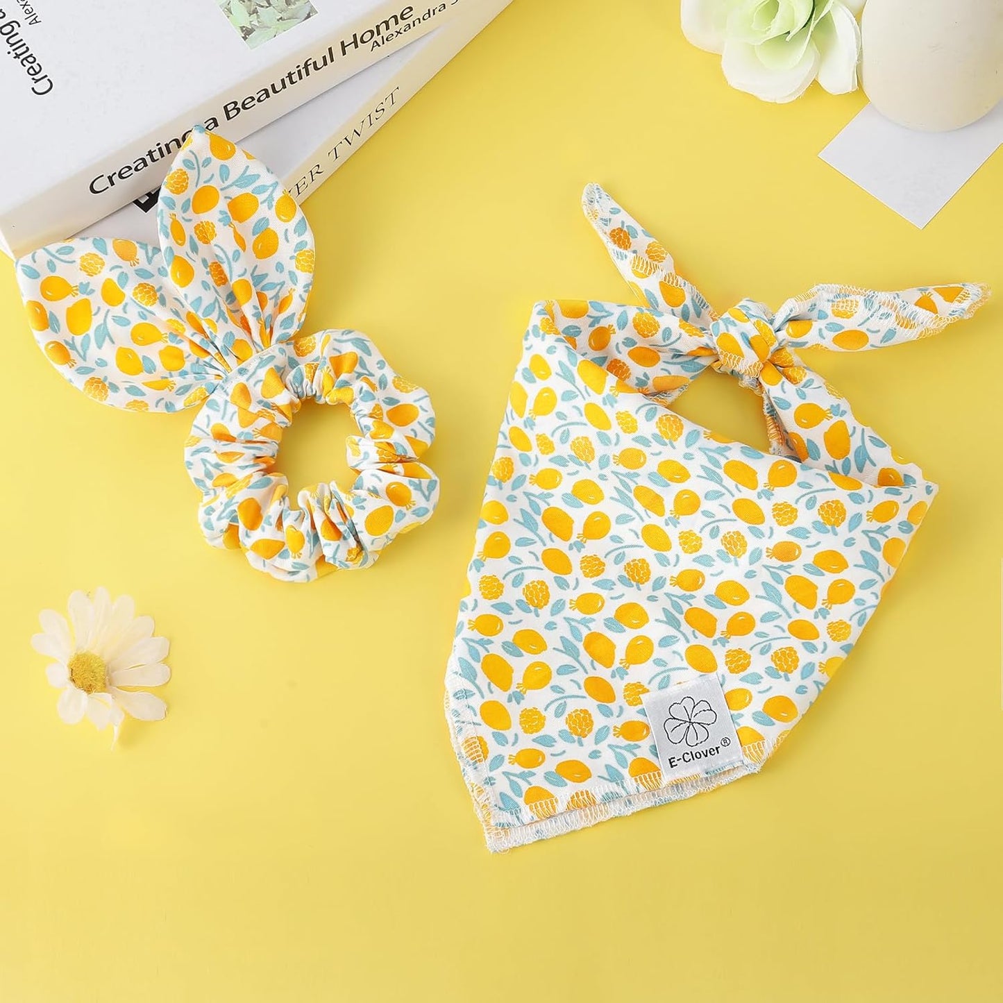 E-Clover Yellow Floral Dog Bandanas & Matching Scrunchie Set Summer Cute Dog Scarf Bibs Pet Bandana with Bow Tie for Small Dogs Puppy Owner Mom Spring