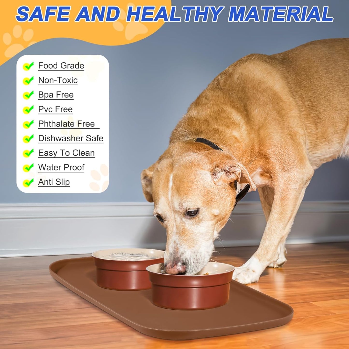 Silicone Pet Feeding Mat with Raised Edge for Food and Water, Dog Bowl Mats, Cat Bowls Placemat with High Lip for Floor Waterproof, Rubber Tray for Cats and Dogs 19 x 12 x0.7 Brown
