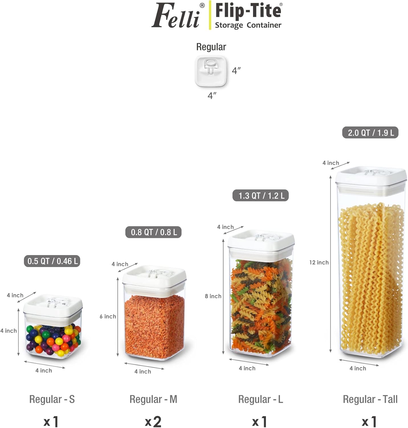 Felli Flip Tite Storage Container with Lid 4" Airtight Ring Seal Top, Stackable Acrylic Canister Jar Set for Kitchen Pantry Organizer, Food Spice Pasta Cereal Snack, Gifts for Women (5pk, Variety)