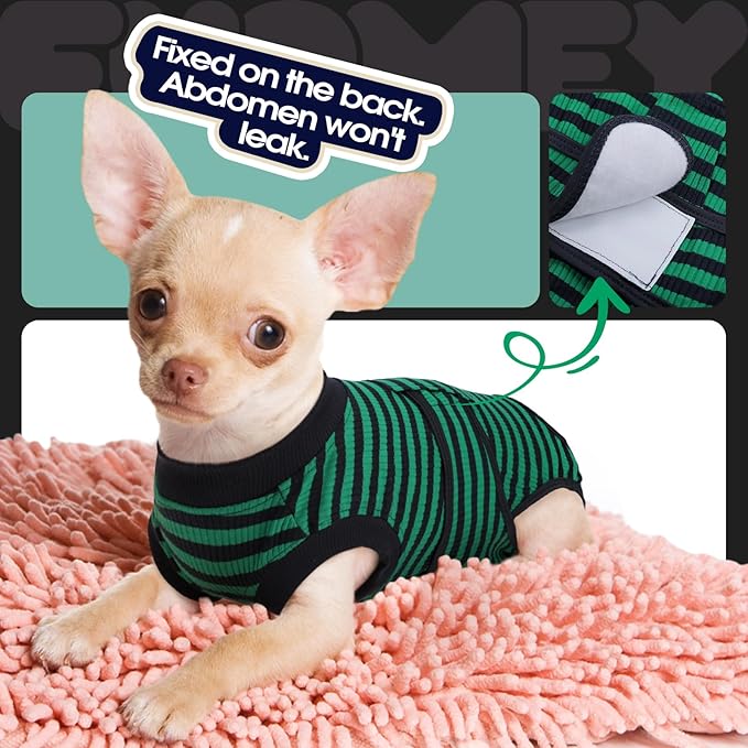 FUAMEY Recovery Suit for Dogs After Surgery,Soft Breathable Dog Bodysuit E-Collar & Cone Alternative Surgical Suit,Male Female Dog Neuter Spay Suits Anti Licking Wounds Onesie Green Black Stripes L