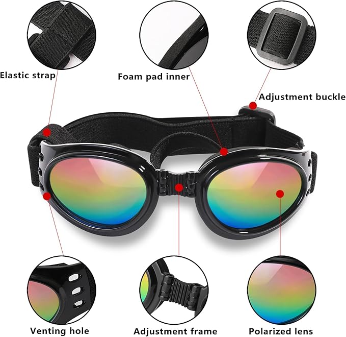 QUMY Dog Sunglasses Dog Goggles for Medium Large Breed Dogs, Wind Dust Fog Protection Eye Wear Pet Glasses with Adjustable Strap for Motorcycle Car Driving Bike Riding Hiking Swimming Over 15lbs Black