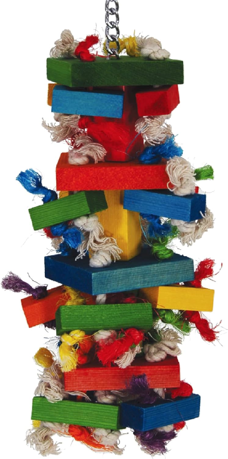 Featherland Paradise Bird Toy for Medium to Large Birds - Knots N Blocks - Parrot Toys for Parakeets, Sun Conures, Caiques, Medium Birds