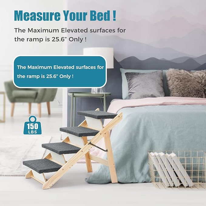 MEWANG Wood Pet Stairs & Ramp for Small/Medium Dogs and Cats, Aging Pets – 3-in-1 Foldable, Portable, Non-Slip Pet Ladder for Tall Beds, Couches,Cars–Holds Up to 220 lbs (31.5" L x 17.2" W x 25.0" H)