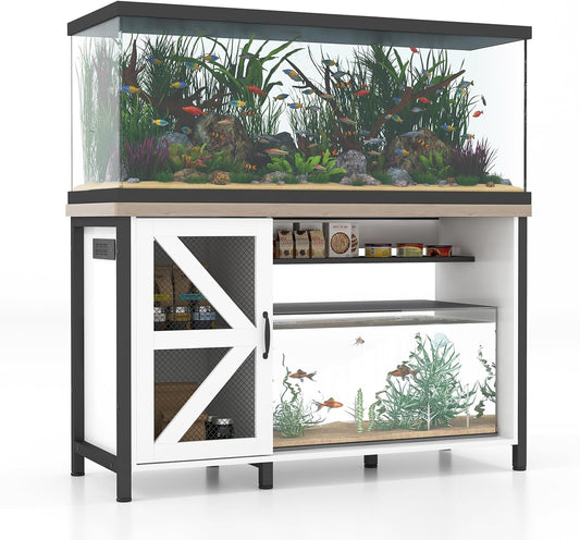 Verano 55-75 Gallon Aquarium Stand with Cabinet, Fish Tank Cabinet with Power Outlets & LED Light, Modern Turtle Tank Stand 52 inch x 19.7-inch Desktop, Heavy Duty Metal Frame,1100LBS Capacity (White)