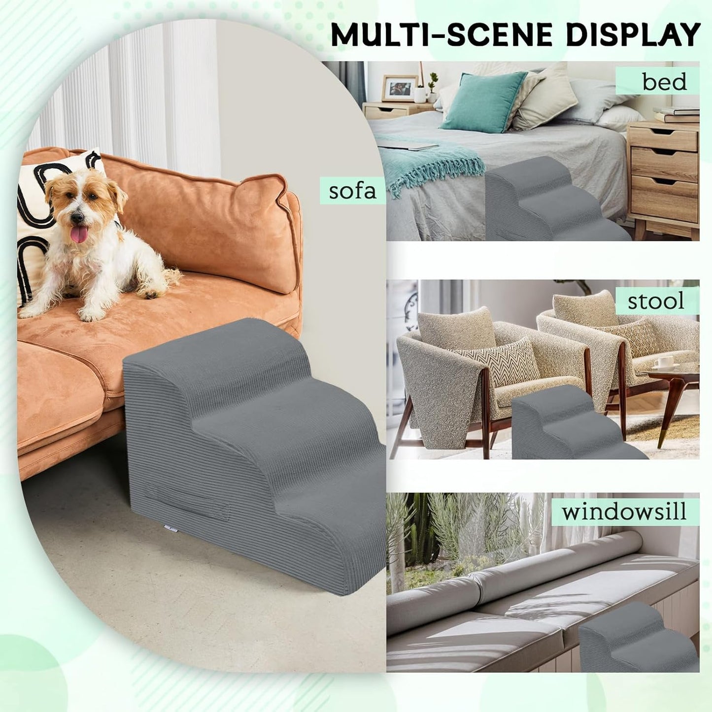 Dog Stairs & Steps for High Beds, 3 Steps High Density Foam Waterproof Dog Ramp for Small Dogs and Cats, Pet Stairs with Removable Washable Cover for Bed, Couch, Sofa and Car (H:16")