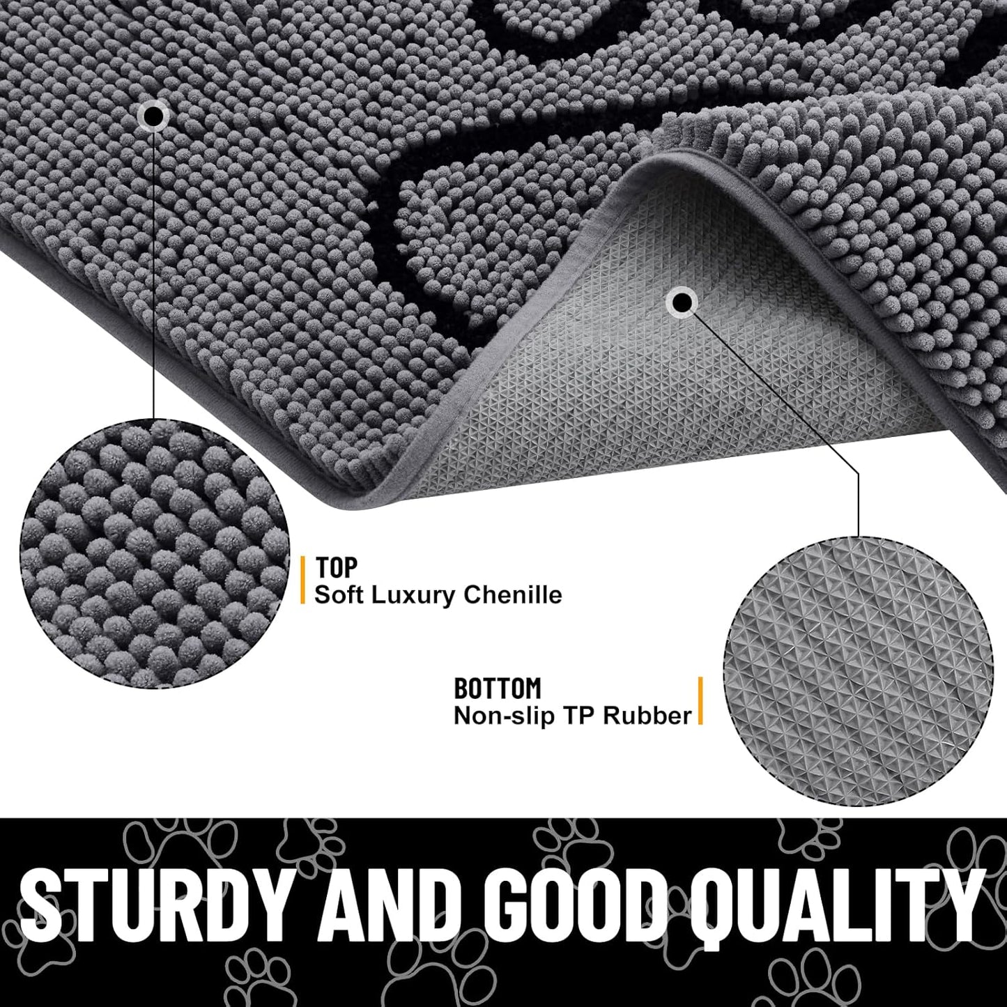 Smiry Dog Door Mat for Muddy Paws, Absorbent Dirt Trapper Non Slip Quick Dry Washable Chenille Mat for Mud Dogs, Entry Rug for Indoor and Outdoor (48x30 Inches, Dark Grey and Black)