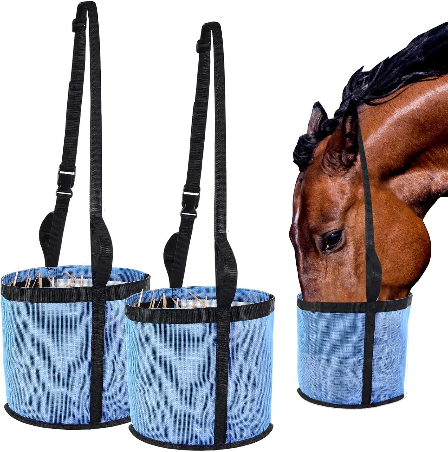 2 Pcs Horses Feed Horse Bag for Grain Hay Bags Heavy Duty Mesh Horse Feeder with Adjustable Strap Comfort Neck Pad Nose Pad and Waterproof Bottom Muzzle(Blue)