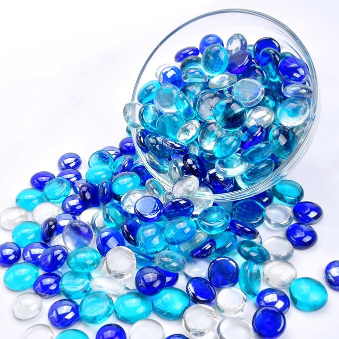 5LB Blue Mix Flat Glass Marbles for Vases, Mancala Stones Gemstone Beads Vase Filler Decorative Glass Pebbles for Fish Tank, DIY Crafts, Aquarium Decor Rocks