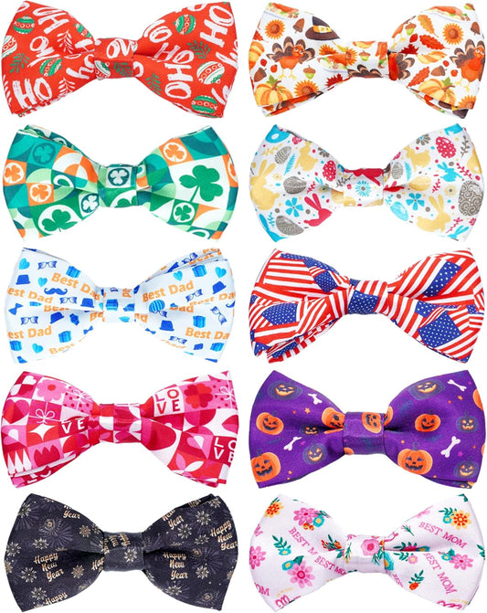 PET SHOW 10 Pack Holiday Big Dog Bow Ties for Large Medium Dogs Sliding Collar Attachments Festival Patterns Bowties Classy Bowknots Party Wedding Pet Grooming Accessories(Large)