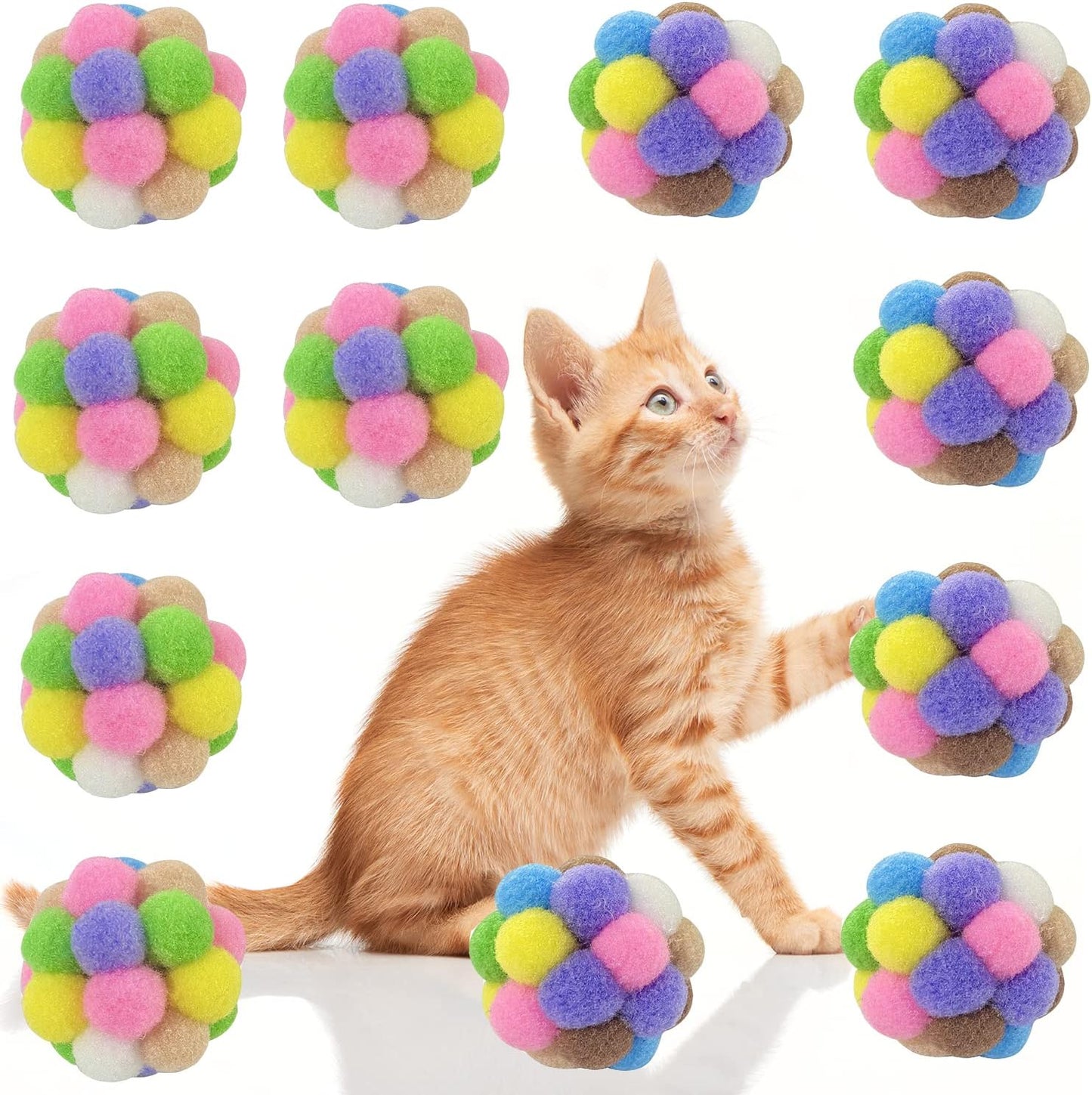 AQSXO 2 Inches Cat Toy Balls with Bell, Colorful Soft Fuzzy Balls, Cat Toys for Indoor 12 Pieces.