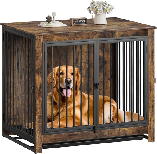 Dog Crate Furniture, Large Dog Crate Furniture, Wooden Cage Kennel Furniture Indoor, Modern Dog Crate with Multi-Purpose Removable Tray, Double-Doors Dog Furniture, Rustic Brown