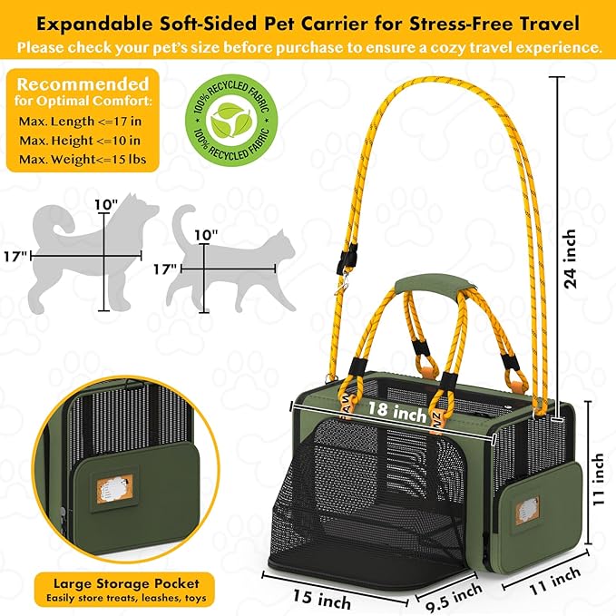 PAWZIDEA Expandable Soft-Sided Pet Carrier 18″×11″×11″, TSA Airline Approved Travel Bag for Small Dog & Animal, Top-Load Large Cat Carrier Under Seat 2 Cats, Collapsible Puppy Carry ID Tag, Up to 16lb