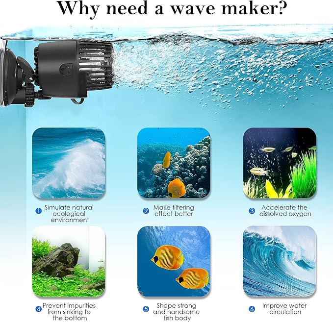 AQQA Aquarium Wave Maker,3W/5W/10W/15W Suction Cup Fish Tank Single Powerhead Pump，110V/60Hz Ultra Quiet Submersible Circulation Pump,360°Adjustable For Freshwater Saltwater Black