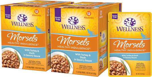 Wellness Healthly Indulgence Morsels Adult Wet Cat Food, Natural, Protein-Rich, Grain Free, 3 Ounce Pouch, 24 Pack, (Turkey & Duck)
