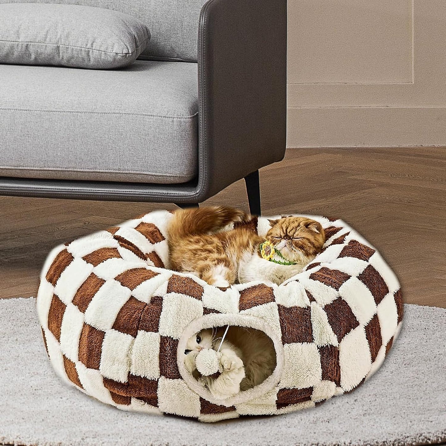 Cat Tunnel Bed with Washable Cushion for Indoor Cat, Donut Cave Tube Toys for Kitten Puppy Rabbit, Brown