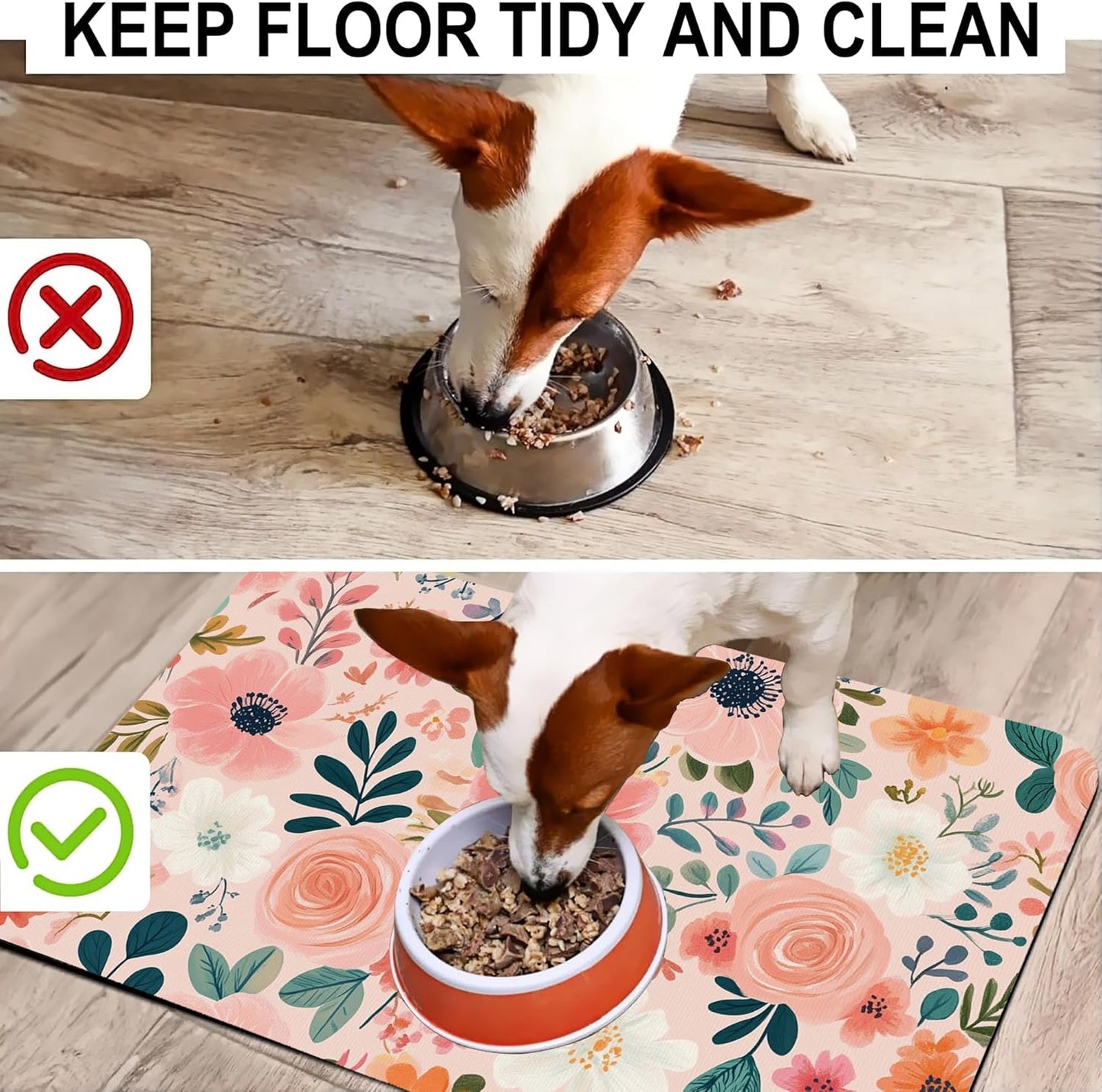 Boho Floral Pet Feeding Mat for Floors-Absorbent Dog Bowl Mat for Food and Water, Quick Dry Pet Cat Feeding Mats with Non Slip Bottom, Mess-Free Dog Accessories 16"x24"
