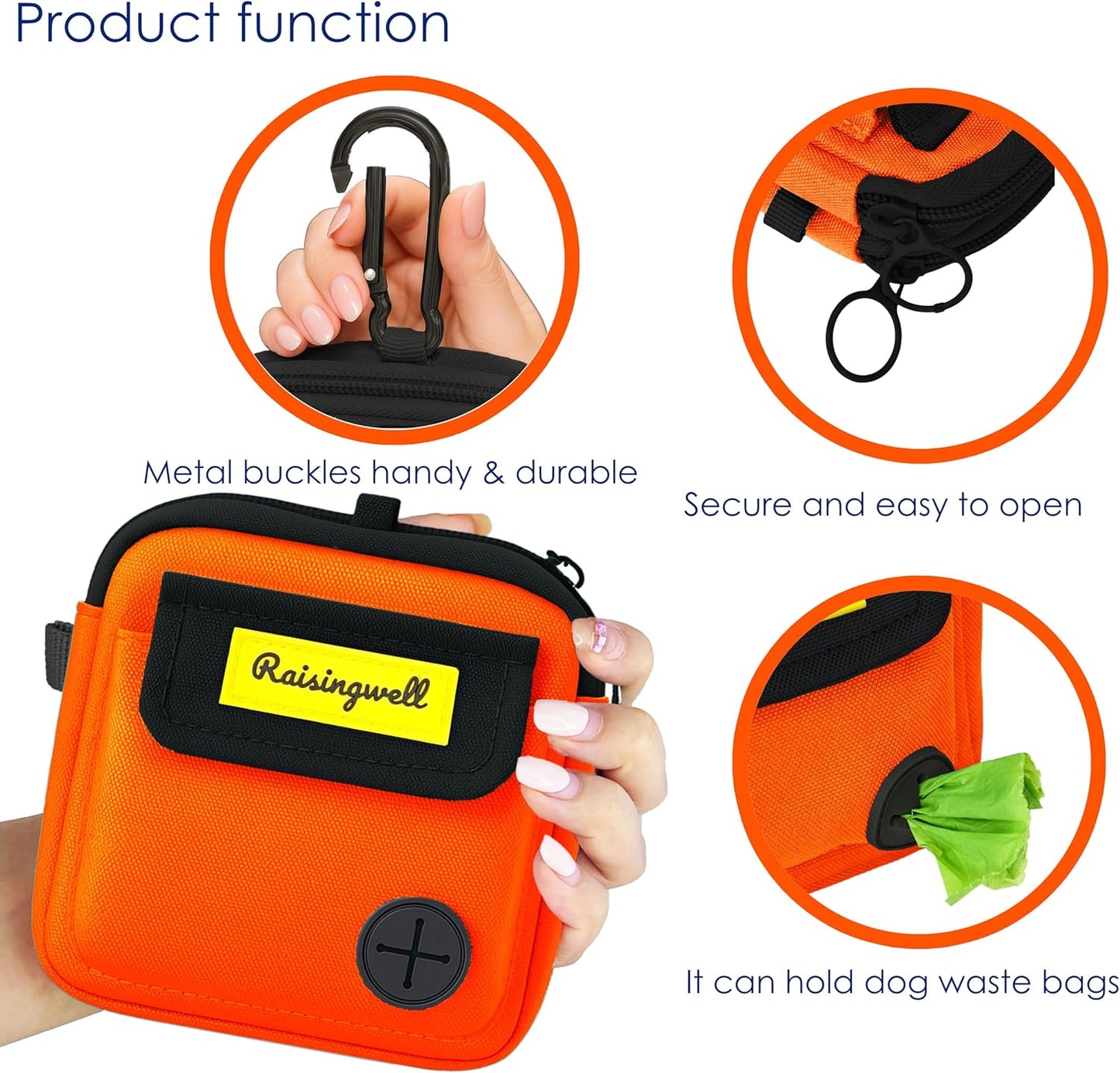 Dog Treat Pouch for Pet Walking and Training with Clicker Poop Bags, and Three Bags Design Small Fanny Zipper Pack Holder for Puppy Snack Dispenser Kit for Leash and Outdoor Use (Orange)