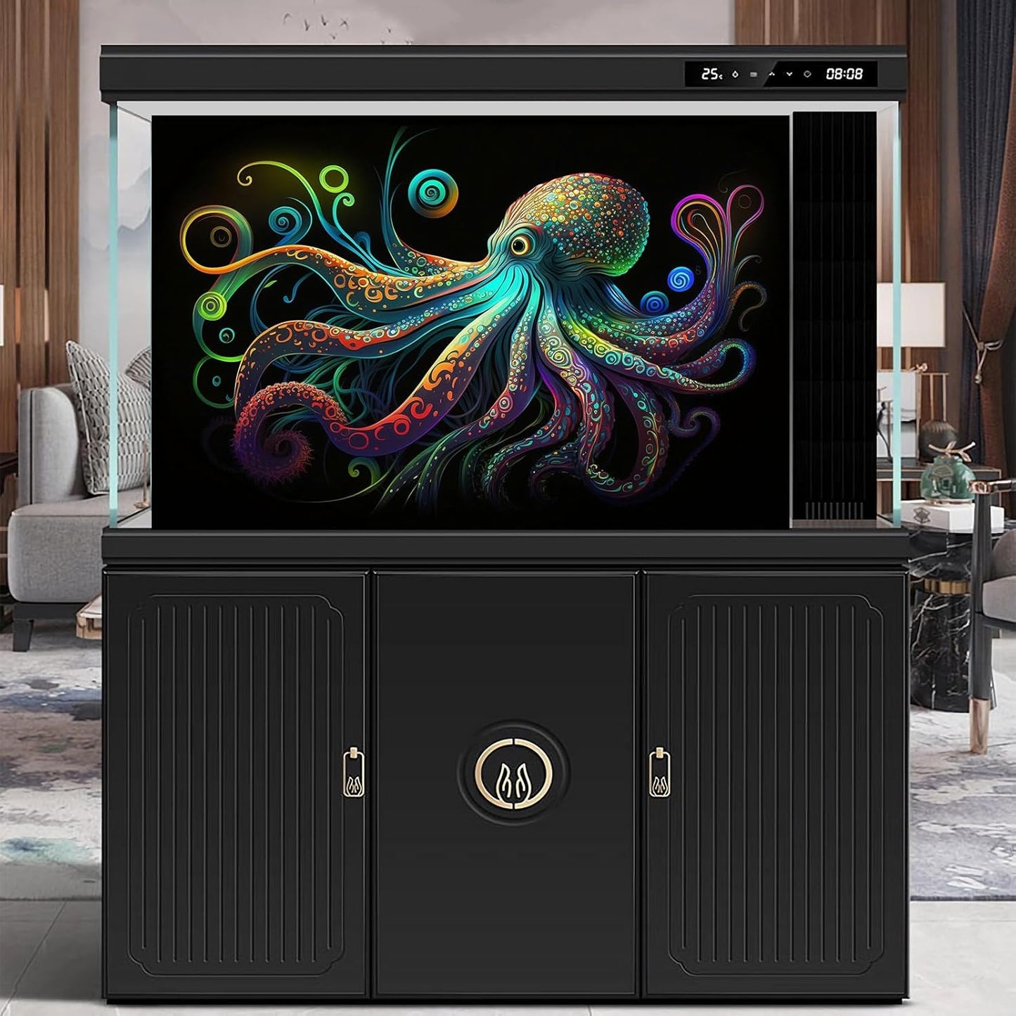 Octopus Aquarium Background Exquisite Colorful Octopus Terrarium Background Glowing Octopus on Black Background Fish Tank Backdrop Octopus Backdrops Poster Wallpaper Decorations Vinyl 60x24in