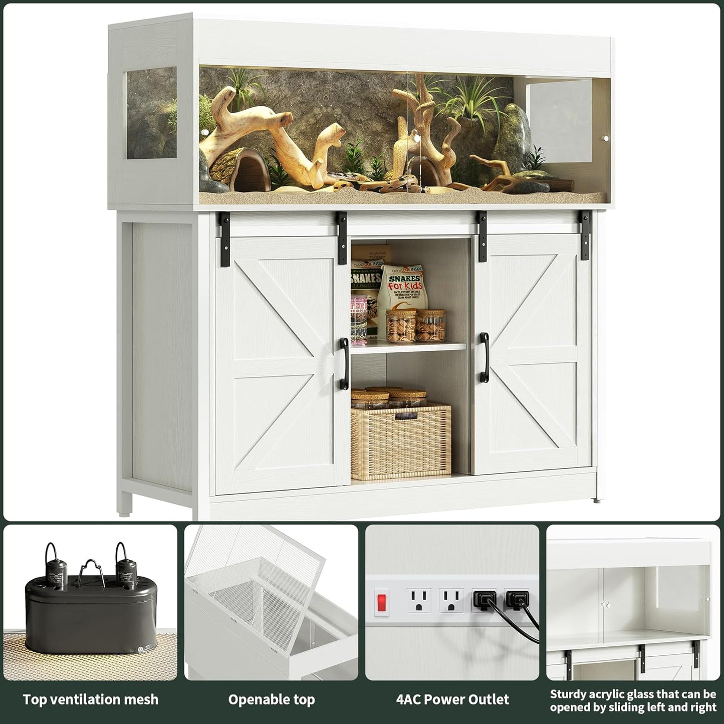 60 Gallon Reptile Terrarium with Stand, Terrarium Enclosure with Acrylic Doors, Storage Cabinet with Barn Door, Mesh Lid & Power Outlet – Vivarium Habitat for Medium Reptiles White PX05RTW