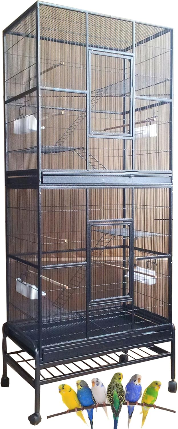 Large Double Stacker Breeding Flight Bird Wrought Iron Double Parrot Bird Separate Breeder Cages Side Nesting Box Doors Easy to Clean Bottom Grates and Trays Removable Rolling Stand