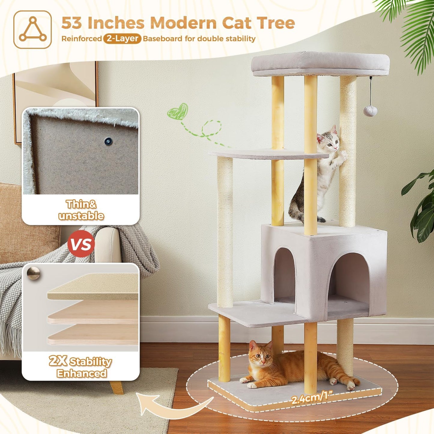 PAWZ Road Large Cat Tree, 53 Inches Modern Wooden Cat Tower for Indoor Cats, Multi-Level Cat Condos with Long Scratching Posts and Natural Wood Posts，Gray