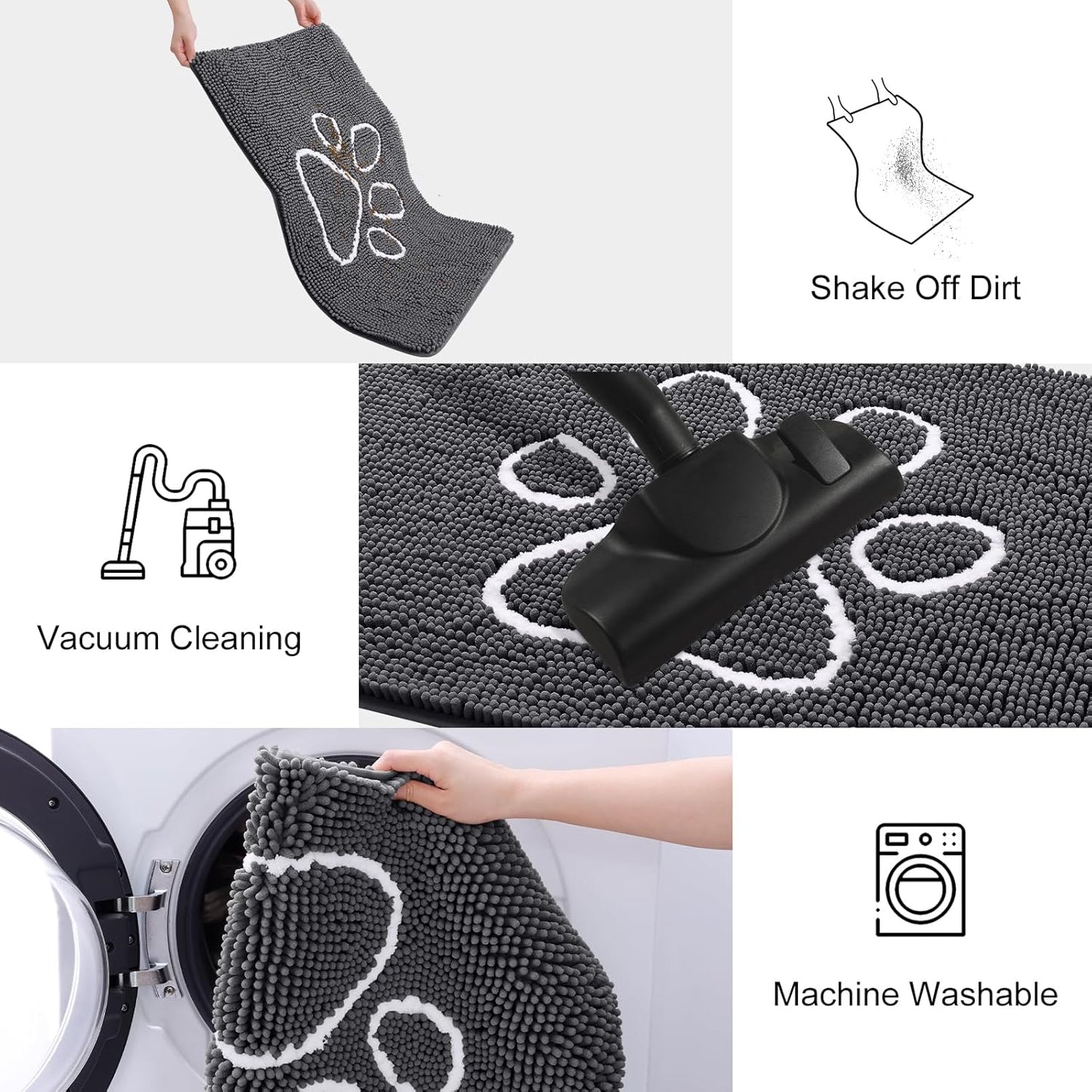 Smiry Dog Door Mat for Muddy Paws, Absorbent Dirt Trapper Non Slip Quick Dry Washable Chenille Mat for Mud Dogs, Entry Rug for Indoor and Outdoor (30x20 Inches, Dark Grey and White)