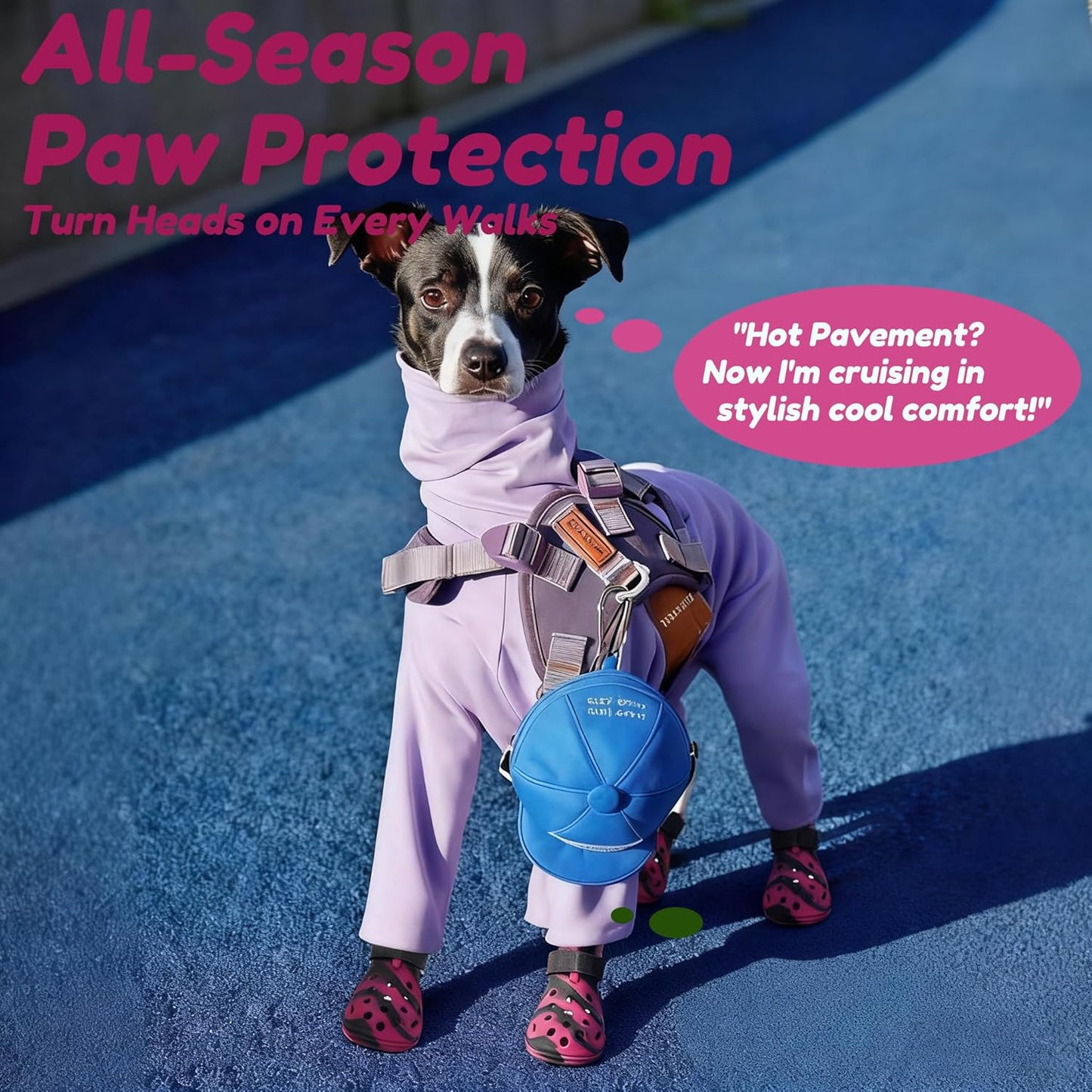 Dog Shoes for Hot Pavement and Snow, Silicone Dog Booties for Small Medium Large Dogs, Waterproof Paw Protectors- Non-Slip, Adjustable Straps, Dog Boots for Beach/Rain/Hiking (Black Pink, L)