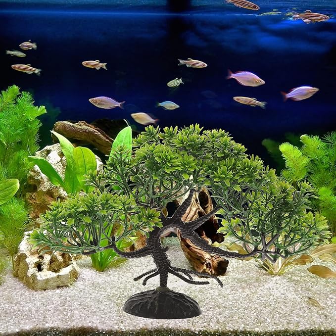 LOGOFUN 4 Pcs Aquarium Bonsai Tree Artificial Water Plant Fish Tank Decorations (Deep Green)