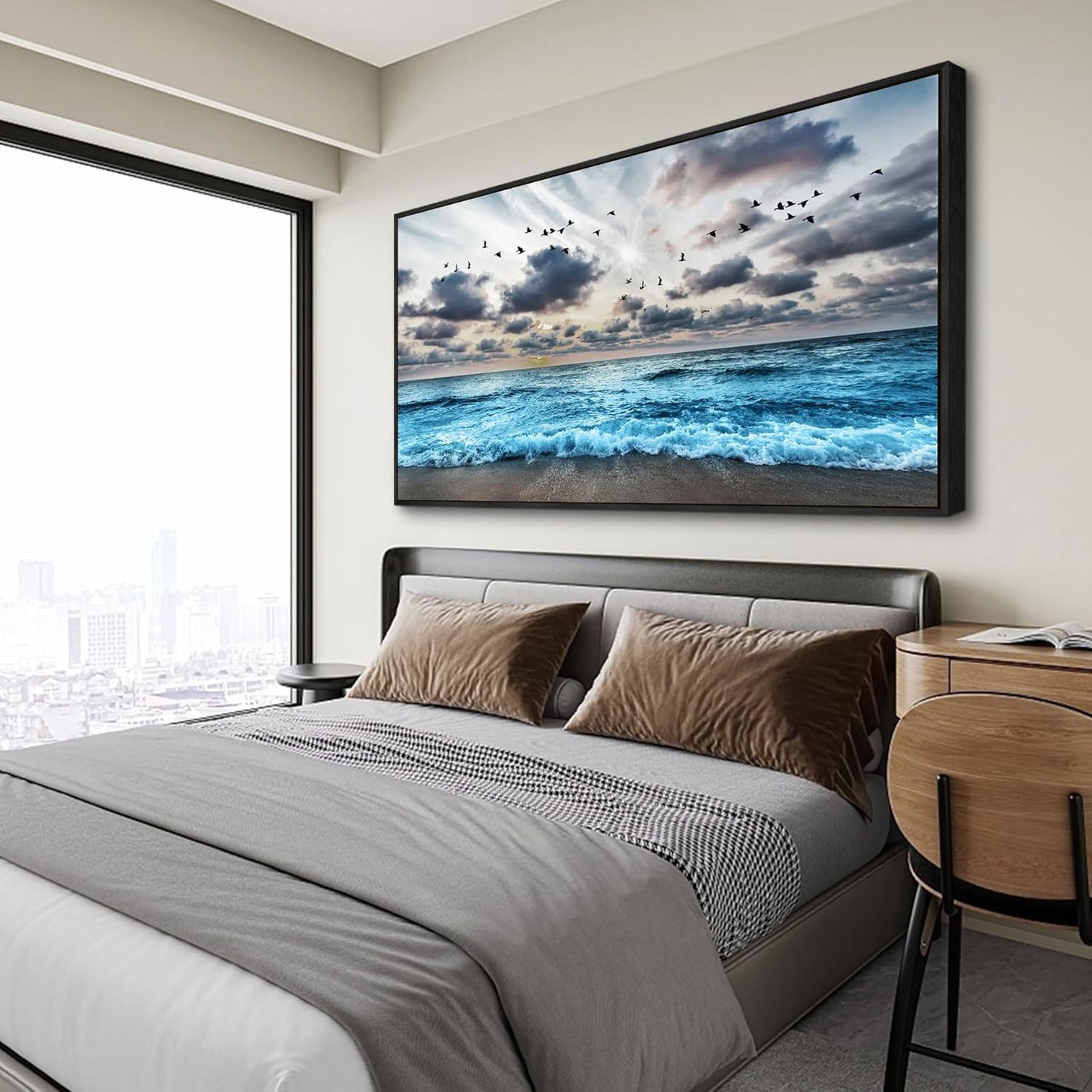 Wapluam Black And White Beach Wall Painting Black Framed Canvas Wall Art For Living Room Wall Decoration For Bedroom Office Wall Decor Blue Sea Wave Pictures Artwork Modern Hotel Room Home Wall Art