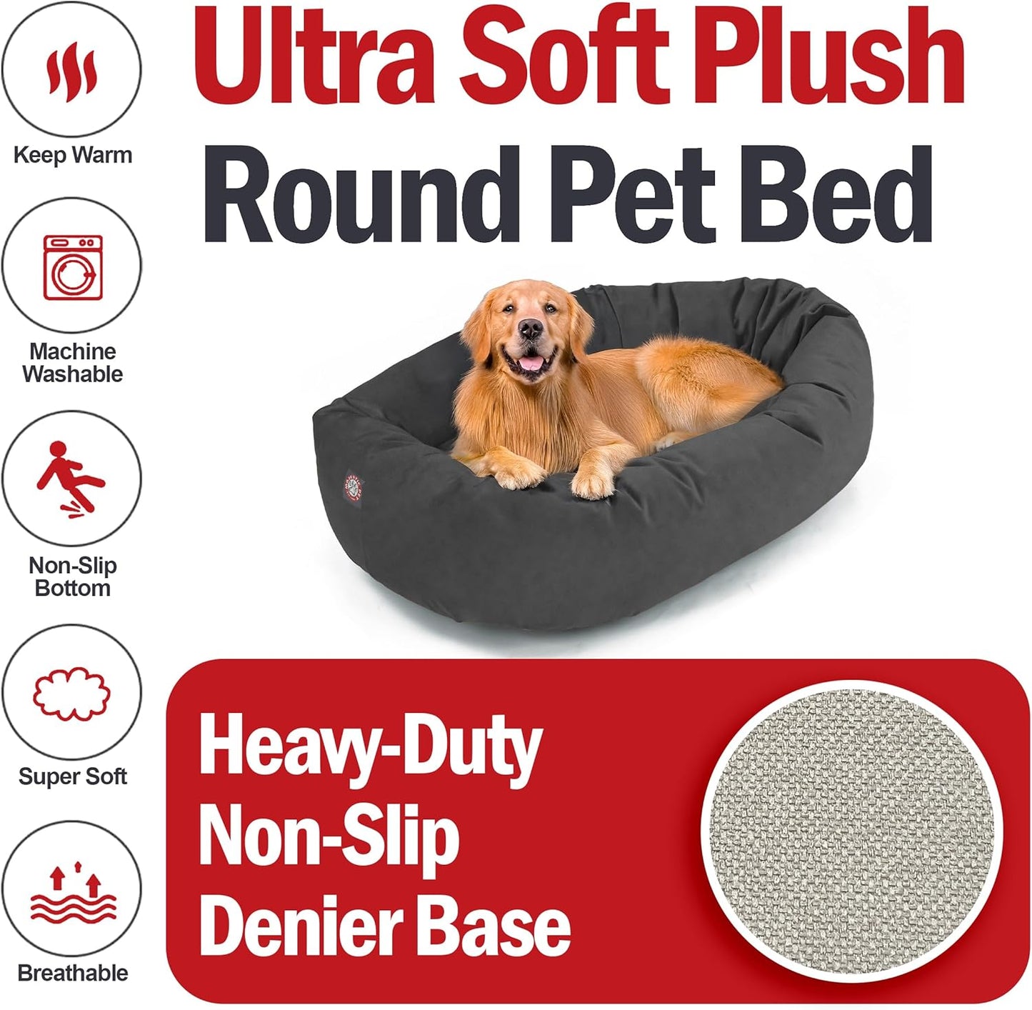 Majestic Pet 40 Inch Suede Shredded Memory Foam Mix Calming Large Dog Bed Washable 40 x 29 x 9 (Inch) - Cozy Soft Round Donut Dog Bed with Spine for Head Support - Pet Bed Gray