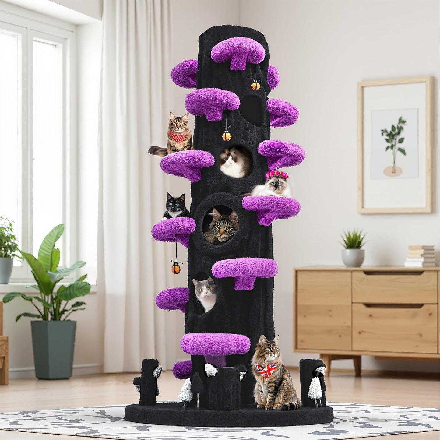 Super Large Cat Tree for Indoor Cats, All-in-One Tall Cats Tower with Scratching Post, Luxury Multi-Level Solid Wood Cat Condo for Multi-Cat Families (Purple)