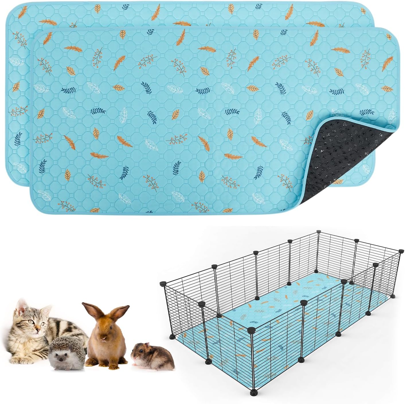 Sunheir 2 Pack Washable Guinea Pig Pee Pads, 24" x 48" Waterproof Reusable Guinea Pig Cage Liners, Absorbent Bedding Training Mat for Small Animal Guinea Pigs Rabbit Bunny Hamster - Sky Blue