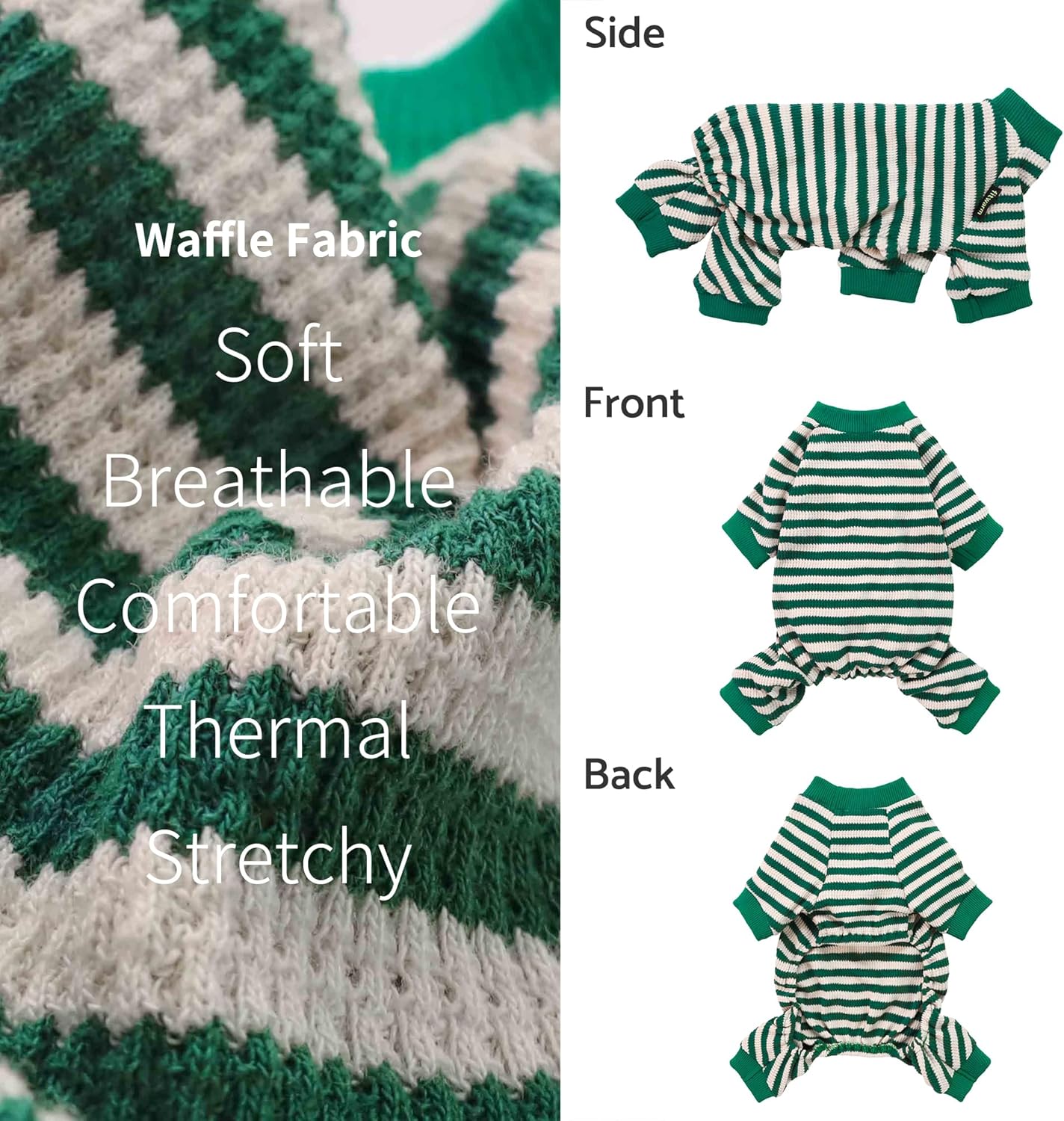 Fitwarm Green and White Striped Dog Pajamas, Waffle Dog Clothes for Small Dogs Girl Boy, Puppy Onesie with Feet, Pet Cat Outfit, XL