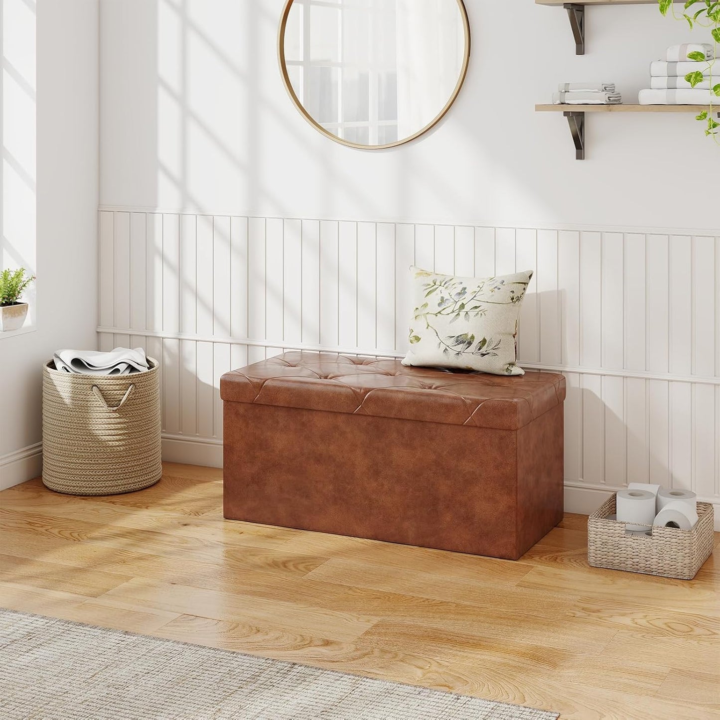 Sweetcrispy 30 Inches Folding Ottoman with Storage Bench, Foot Rest Stool, End of Bed Storage Bench Upholstered, Load 660 lbs, for Living Room, Synthetic Leather, Brown