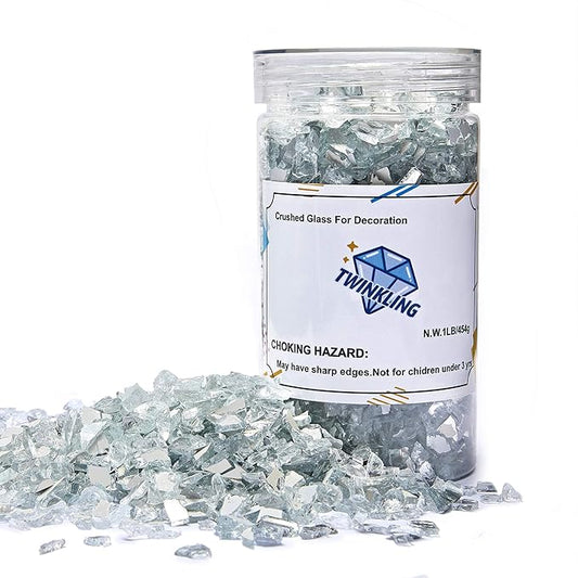 TWINKLING High Luster Fire Glass Gravel Stone Glitter,Broken Glass,Fire Gems Chips,Crushed Glass for Fire Pit Crafts Resin Art Aquarium Garden Decoration,3-6mm,1-Pound Jar (White-Backing Mirror)