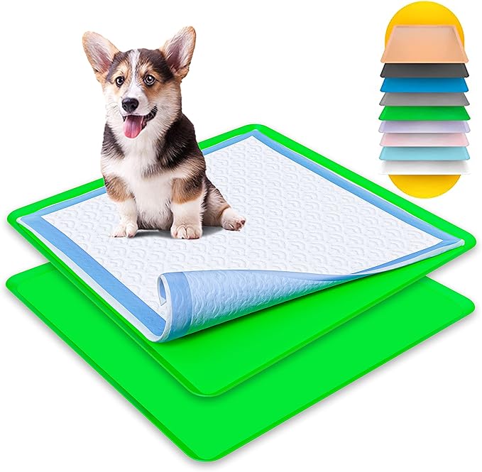 TidyFriend 2 Pack Dog Pee Pad Holder Tray Fits for 24” x 24” Wee Wee Pee Pads - Stable Grip, Raised Edges, Quick-Wipe Silicone Surface Dog Potty Tray Holder for Indoor Flooring Protection (Green)