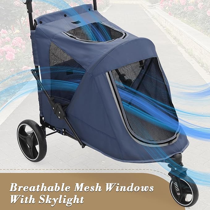 Athena Collection 3 Wheels Pet Stroller Fabric Dog Cart Dog Stroller for Large Dogs 55 Lbs Pet Stroller with Mesh Windows, Zipper Back Pocket, Safety Tether, Angle Adjustable Handlebar, Navy Blue