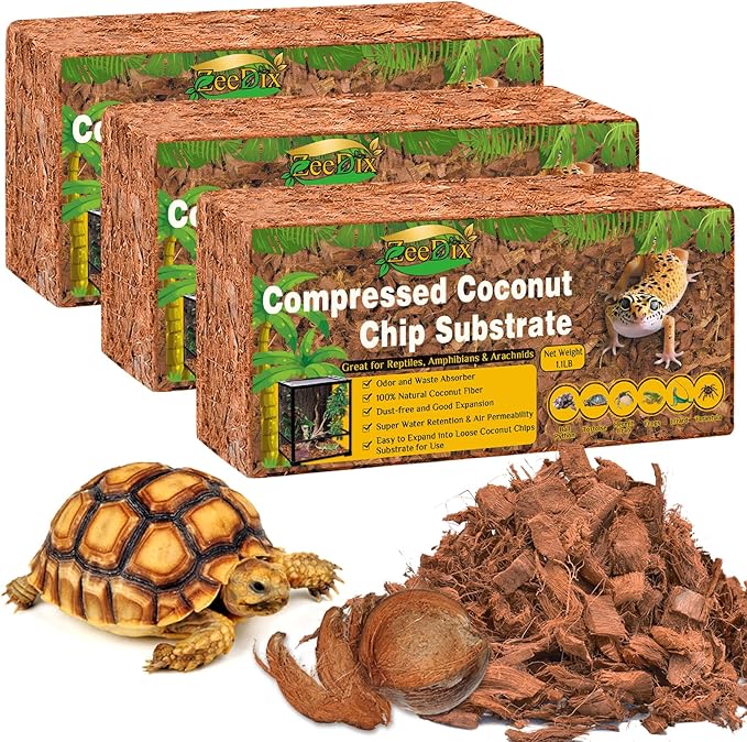 ZeeDix 3PCS Natural Coconut Chips Substrate for Reptiles, Coconut Fiber Husk Reptiles Bedding, Compressed Coco Chips Substrate for Ball Python, Snakes, Tortoise, Hermit Crab, Frogs, Lizard, Tarantula